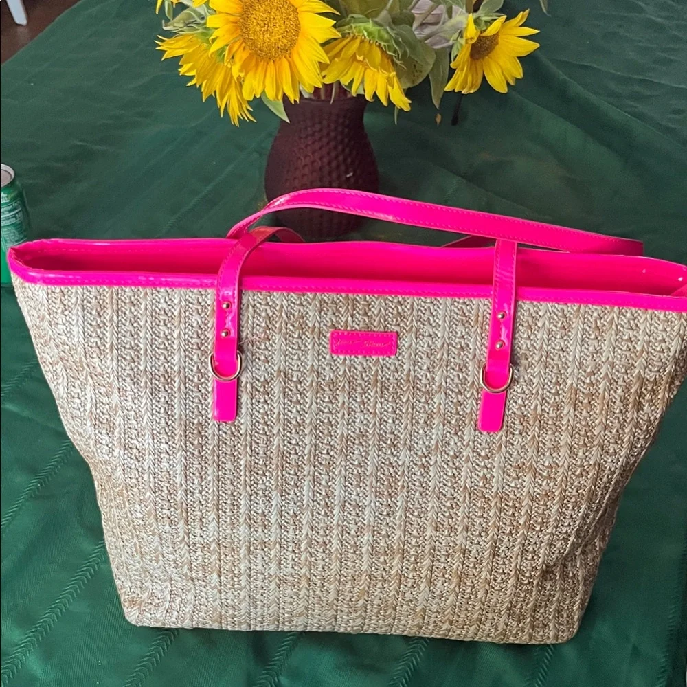 Betsey Johnson Stylish Pink Patent Leather and Tan Woven Women's Tote Bag - Picture 1 of 5